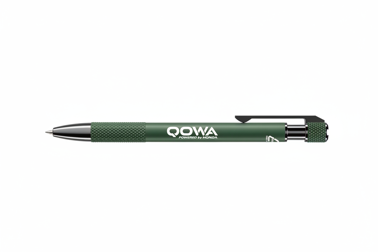 Green pen with QOWA logo in white on middle barrel