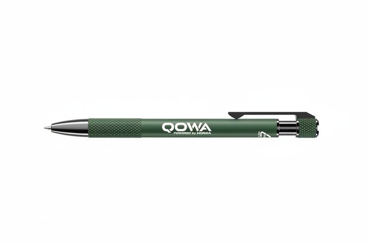 Green pen with QOWA logo in white on middle barrel