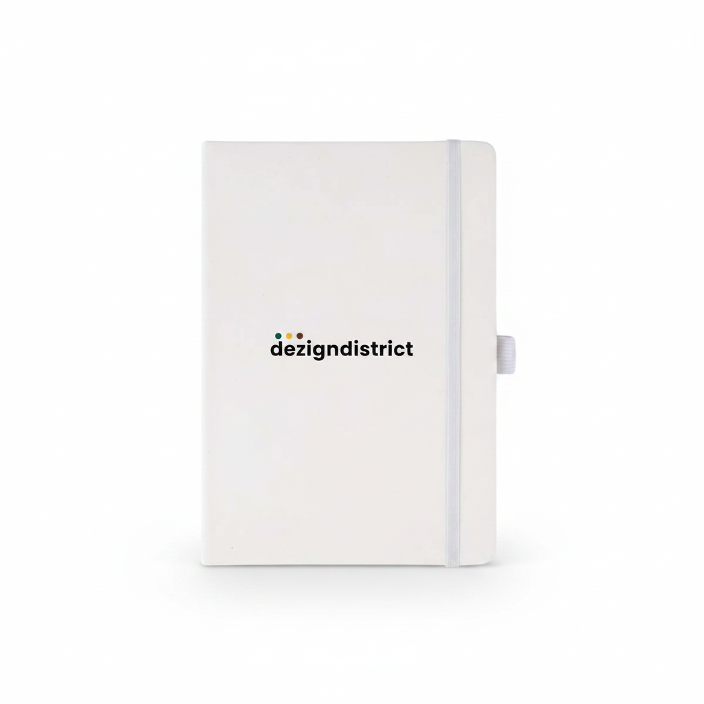 White notebook with dezigndistrict logo