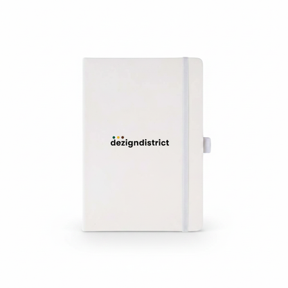 White notebook with dezigndistrict logo