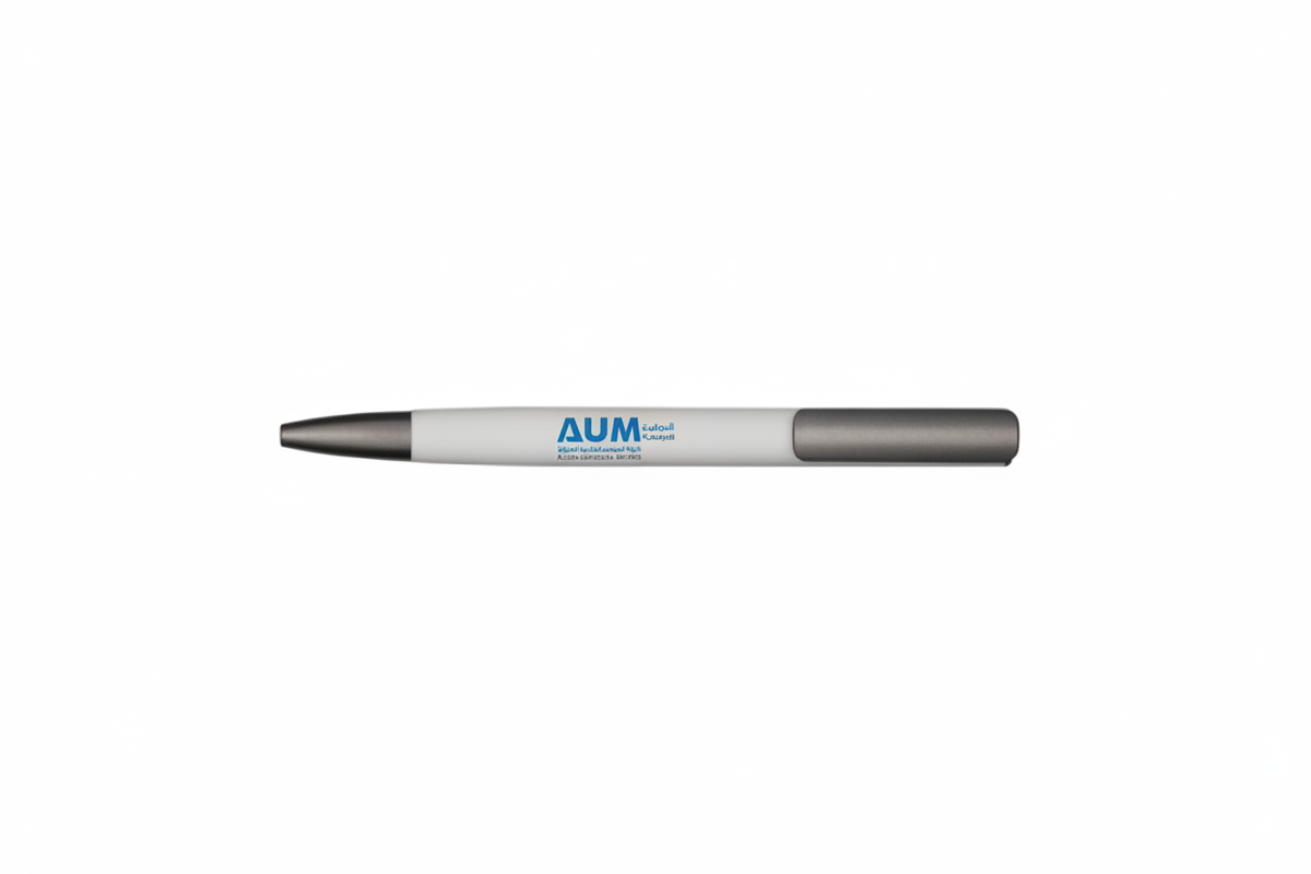 White pen with AUM logo in blue on center barrel