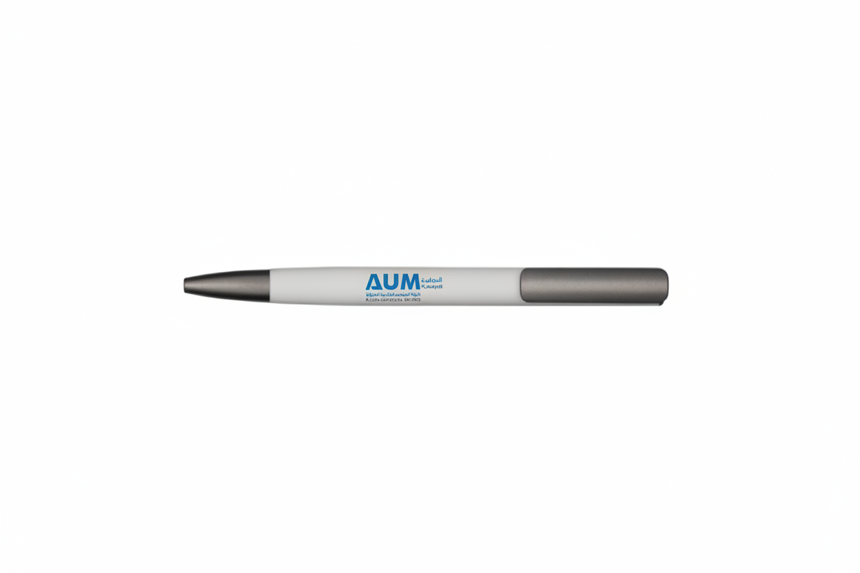 White pen with AUM logo in blue on center barrel
