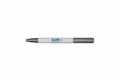 White pen with AUM logo in blue on center barrel