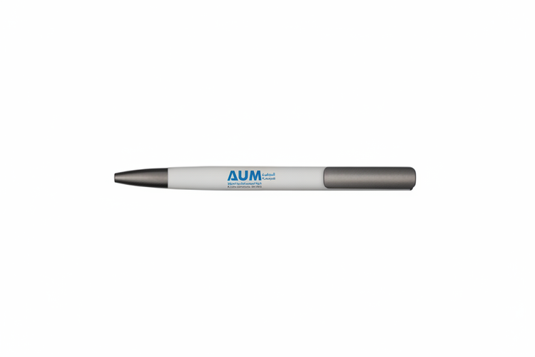 White pen with AUM logo in blue on center barrel
