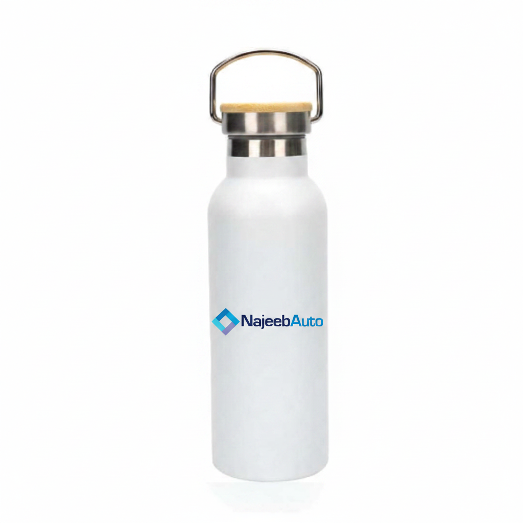 White Thermos Bottle with Blue NajeebAuto Logo