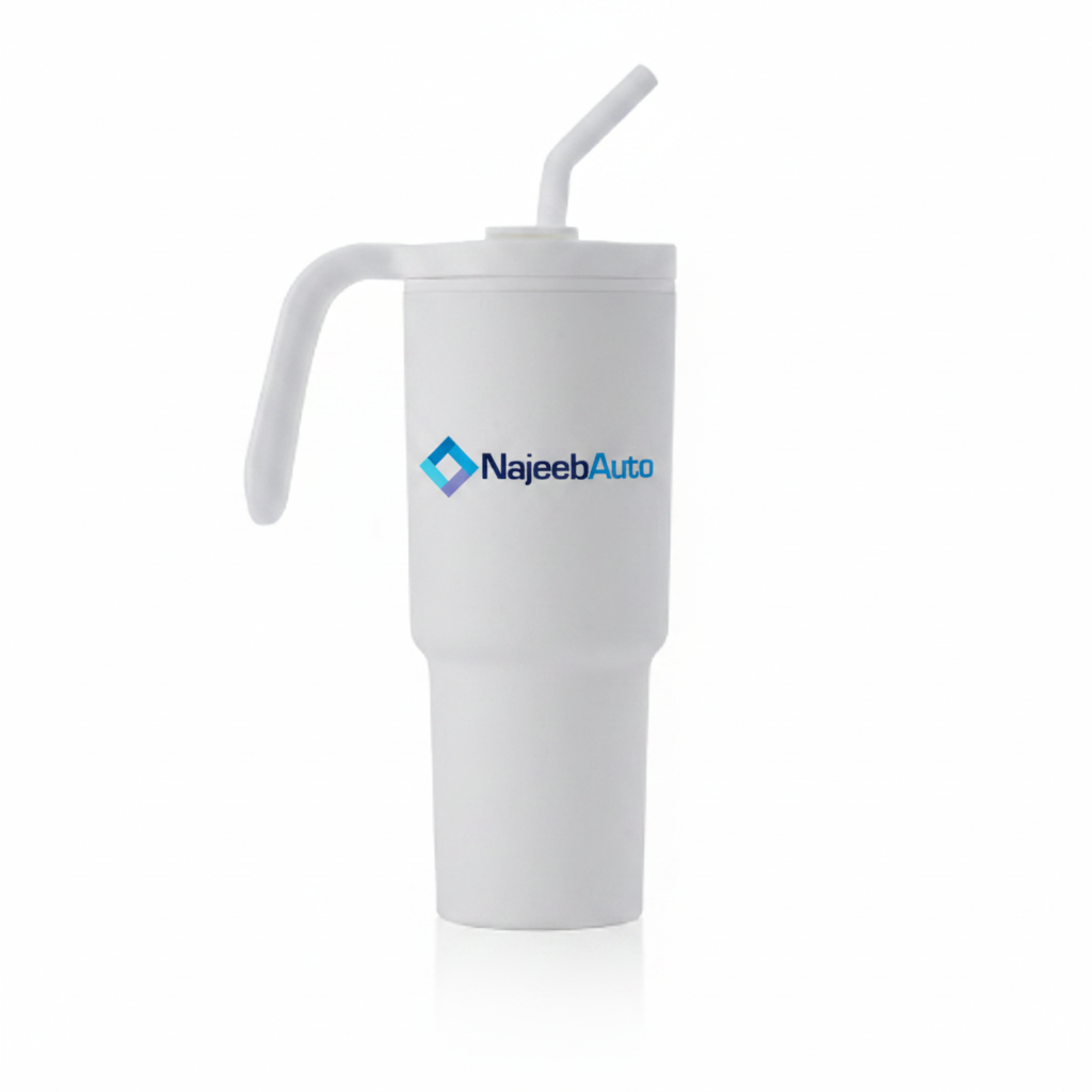White Tumbler with NajeebAuto Logo